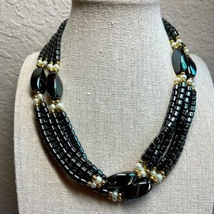 N311 NWT Multistrand Hematite Fresh Water Pearls Gold Accent Versatile 28” long